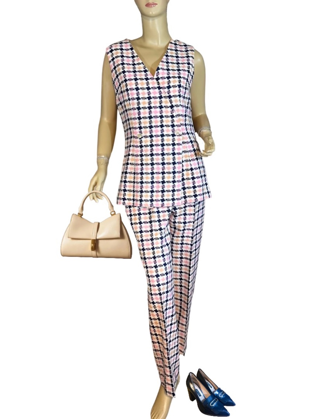 VINTAGE 1970'S OLD TOWN PINK & BLUE PLAID PANT SET WITH VEST (13/M)